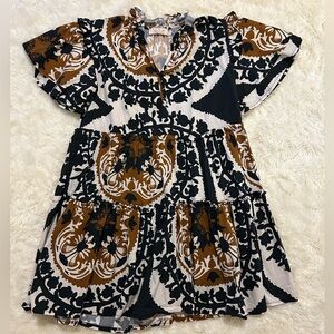 Elegant Black and Brown Patterned Mini Dress
